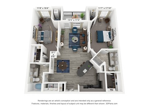Floor plan for 2 beds, 2 baths, 1272 sqft